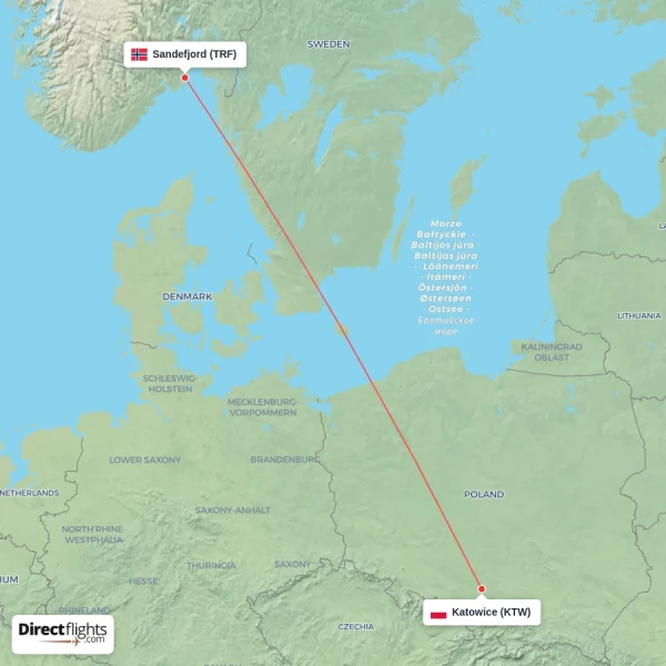 Katowice - Sandefjord direct flight map