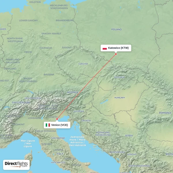 Katowice - Venice direct flight map