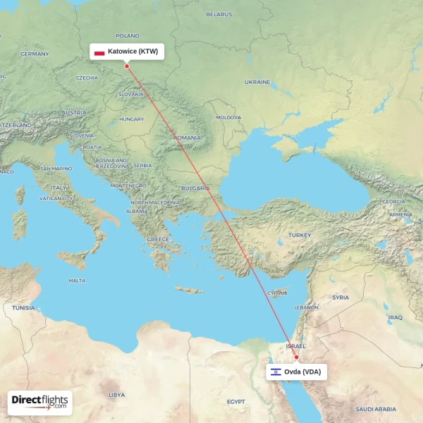 Katowice - Ovda direct flight map