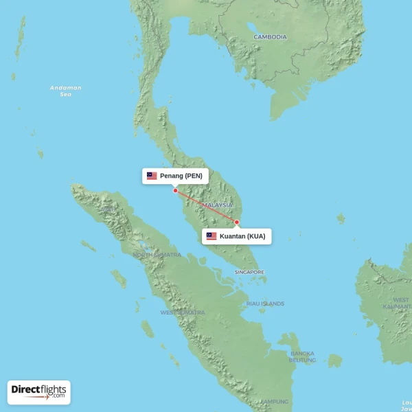 Kuantan - Penang direct flight map