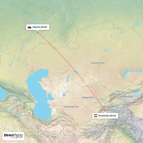 Samara - Dushanbe direct flight map