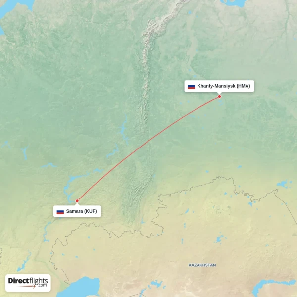 Samara - Khanty-Mansiysk direct flight map