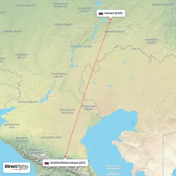 Samara - Ordzhonikidzevskaya direct flight map