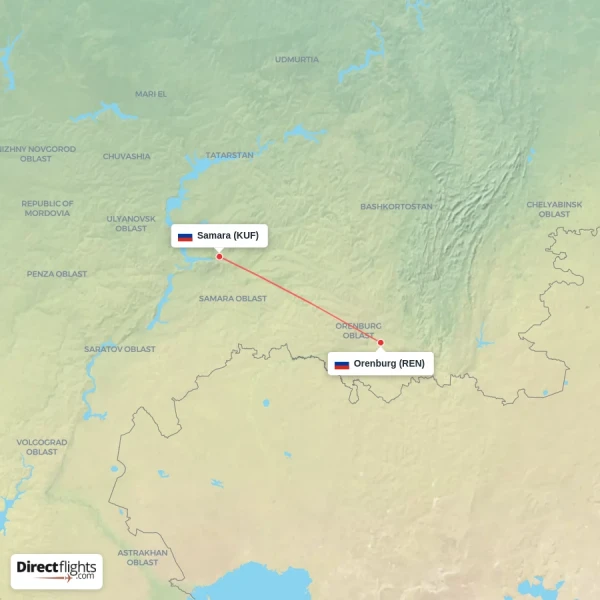 Samara - Orenburg direct flight map