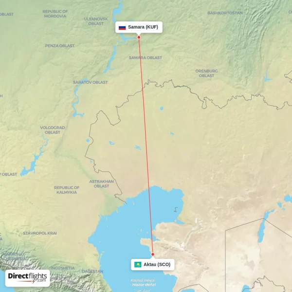 Samara - Aktau direct flight map