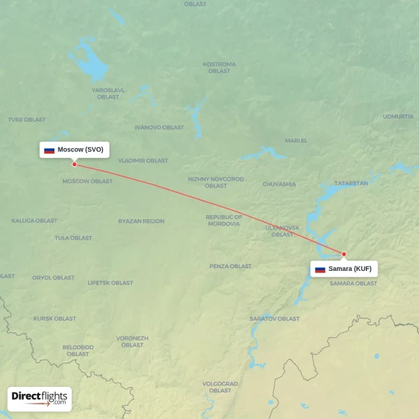 Samara - Moscow direct flight map