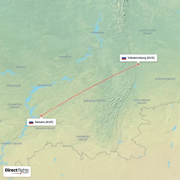 Samara - Yekaterinburg direct flight map