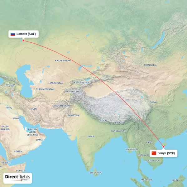 Samara - Sanya direct flight map