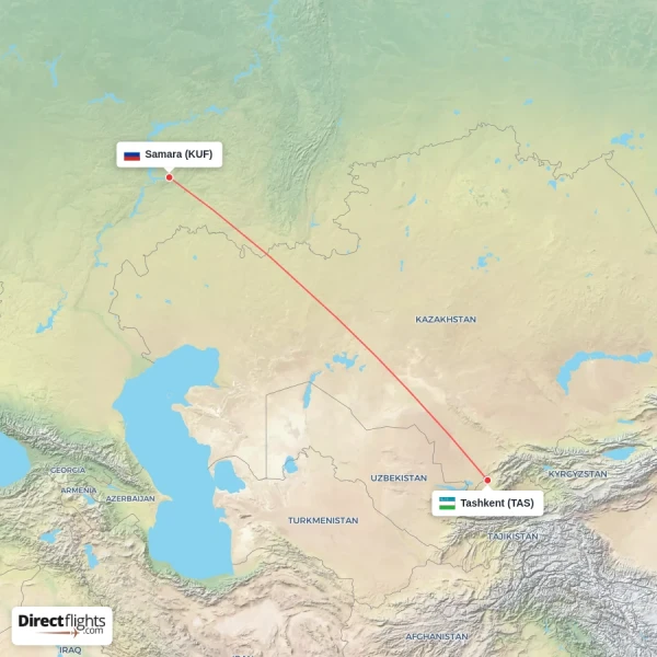 Samara - Tashkent direct flight map