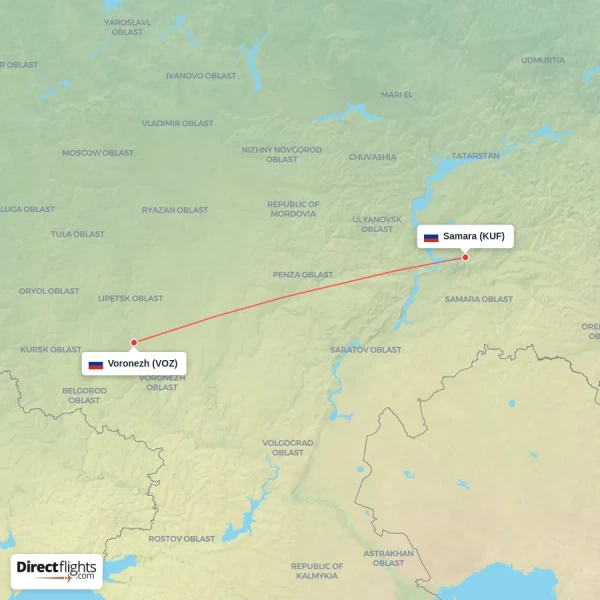 Samara - Voronezh direct flight map