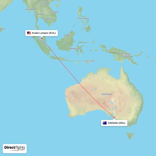 Kuala Lumpur - Adelaide direct flight map