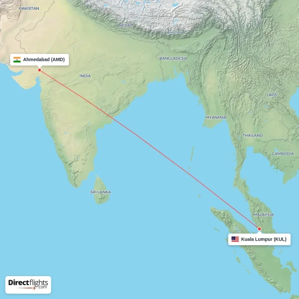 Kuala Lumpur - Ahmedabad direct flight map