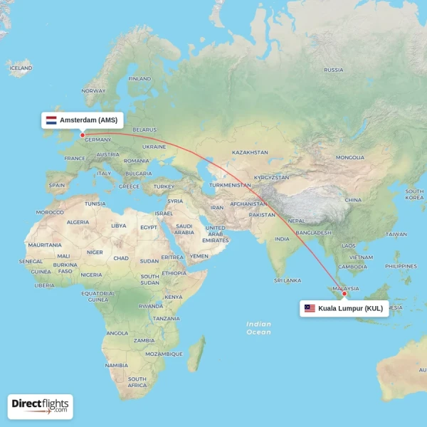 Kuala Lumpur - Amsterdam direct flight map