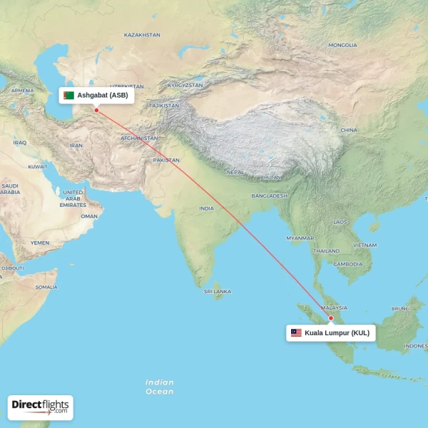 Kuala Lumpur - Ashgabat direct flight map