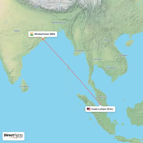 Kuala Lumpur - Bhubaneswar direct flight map