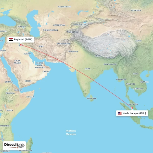 Kuala Lumpur - Baghdad direct flight map