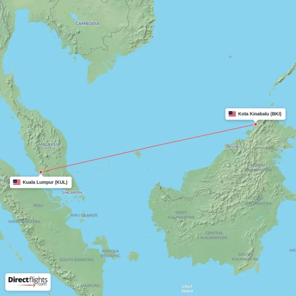 Kuala Lumpur - Kota Kinabalu direct flight map