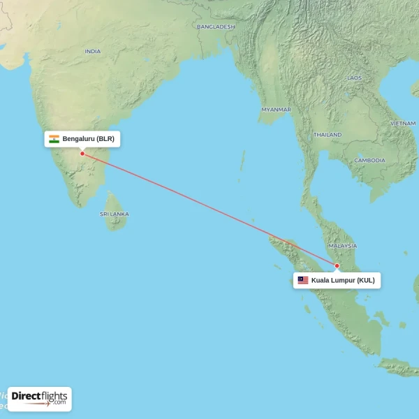Kuala Lumpur - Bengaluru direct flight map