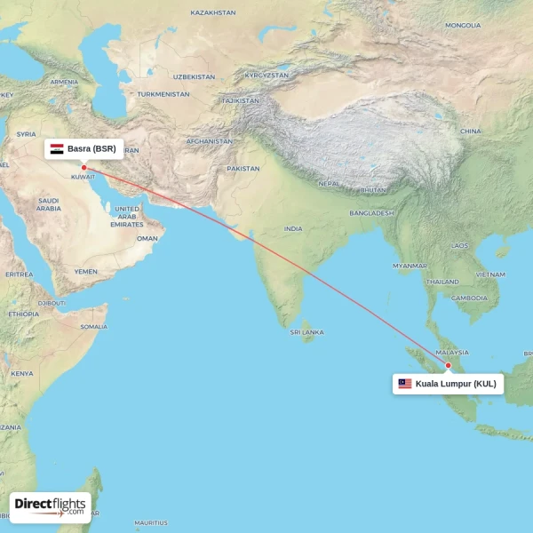 Kuala Lumpur - Basra direct flight map