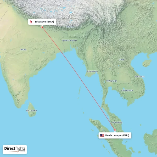Kuala Lumpur - Bhairawa direct flight map
