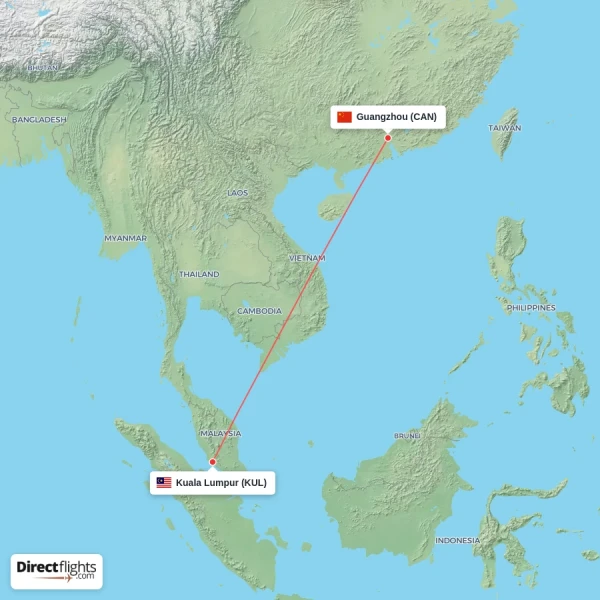 Kuala Lumpur - Guangzhou direct flight map