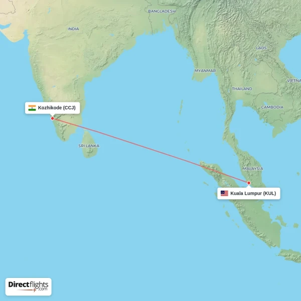 Kuala Lumpur - Kozhikode direct flight map