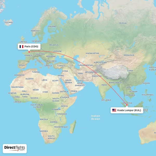 Kuala Lumpur - Paris direct flight map