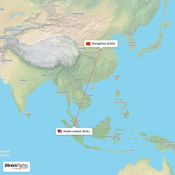 Kuala Lumpur - Zhengzhou direct flight map