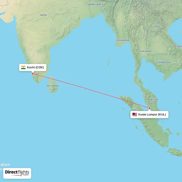 Kuala Lumpur - Kochi direct flight map
