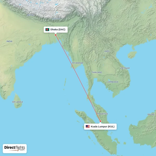 Kuala Lumpur - Dhaka direct flight map
