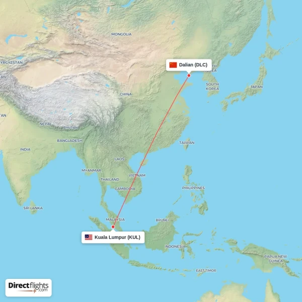 Kuala Lumpur - Dalian direct flight map