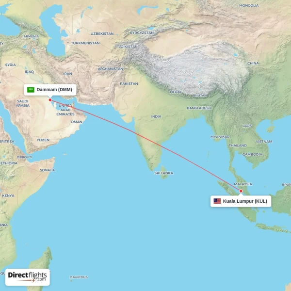 Kuala Lumpur - Dammam direct flight map