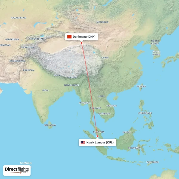Kuala Lumpur - Dunhuang direct flight map
