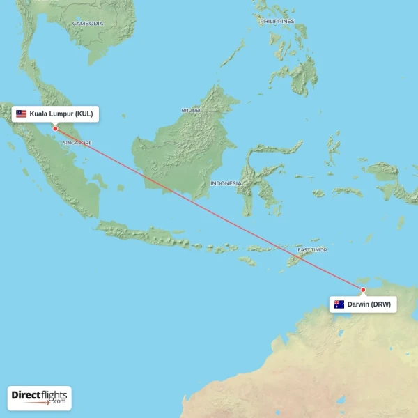 Kuala Lumpur - Darwin direct flight map
