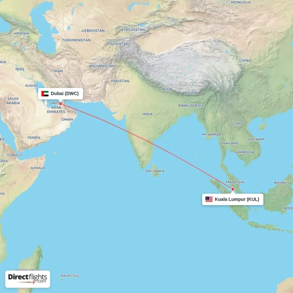 Kuala Lumpur - Dubai direct flight map