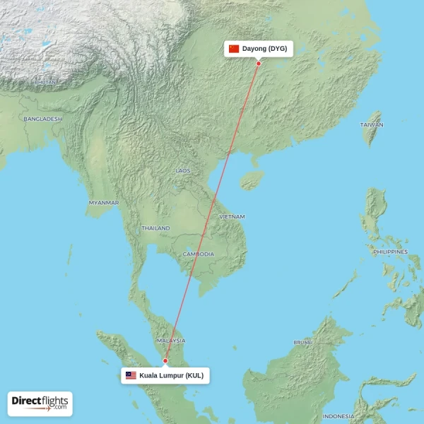 Kuala Lumpur - Dayong direct flight map