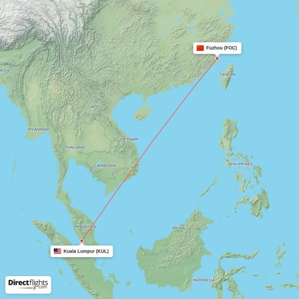 Kuala Lumpur - Fuzhou direct flight map