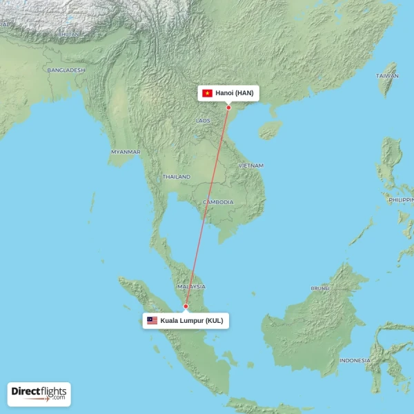 Kuala Lumpur - Hanoi direct flight map