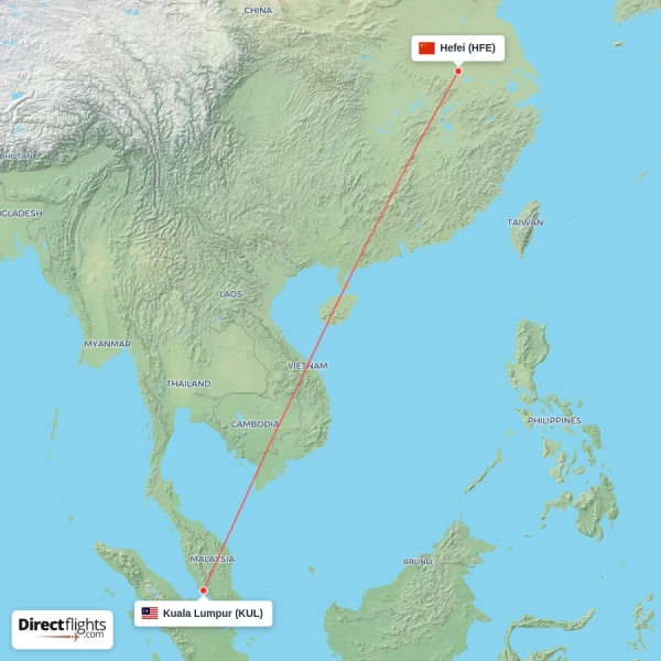 Kuala Lumpur - Hefei direct flight map