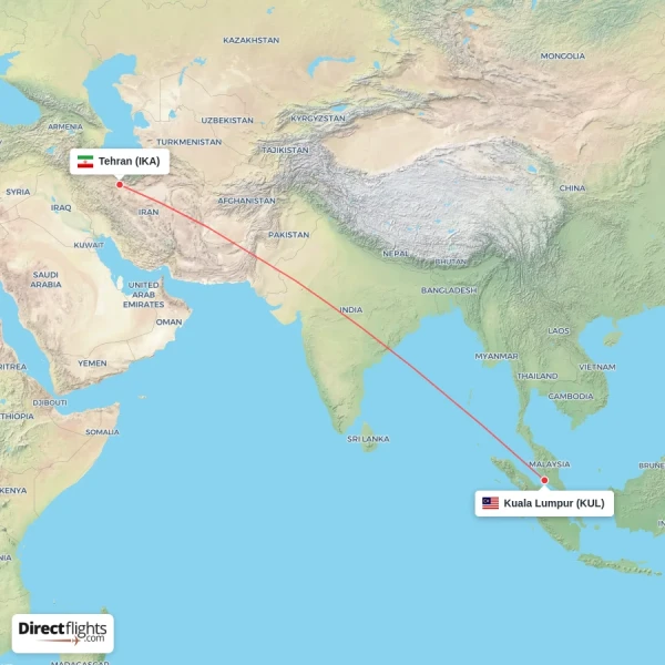 Kuala Lumpur - Tehran direct flight map