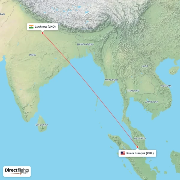 Kuala Lumpur - Lucknow direct flight map