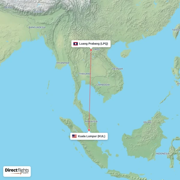 Kuala Lumpur - Luang Prabang direct flight map