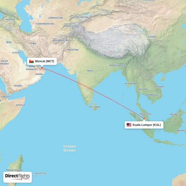 Kuala Lumpur - Muscat direct flight map