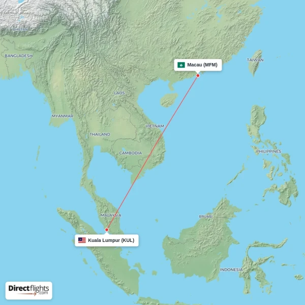 Kuala Lumpur - Macau direct flight map