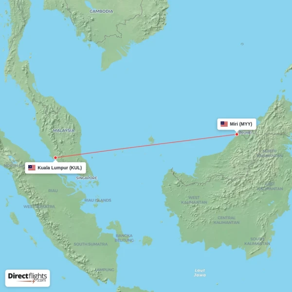 Kuala Lumpur - Miri direct flight map