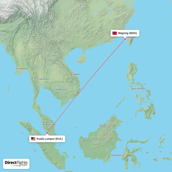 Kuala Lumpur - Magong direct flight map