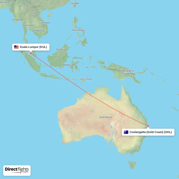 Kuala Lumpur - Coolangatta (Gold Coast) direct flight map