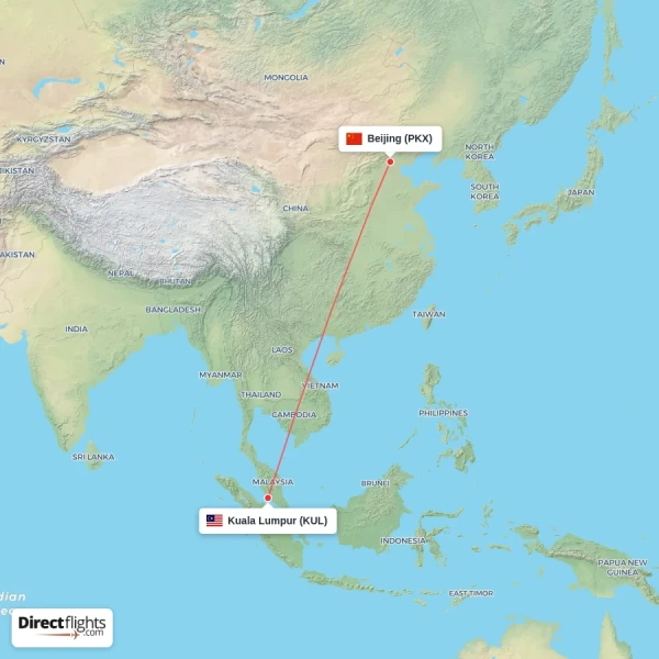 Kuala Lumpur - Beijing direct flight map