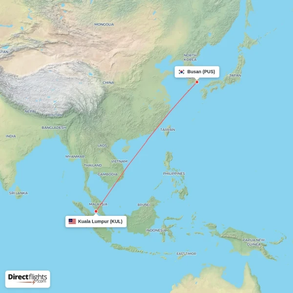 Kuala Lumpur - Busan direct flight map