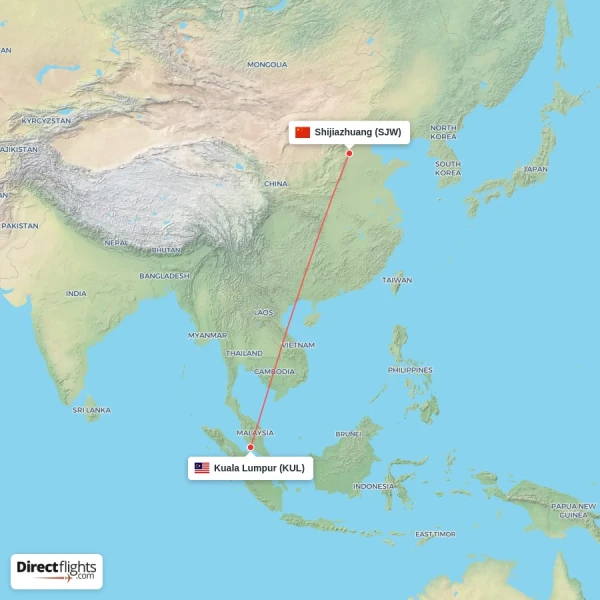 Kuala Lumpur - Shijiazhuang direct flight map